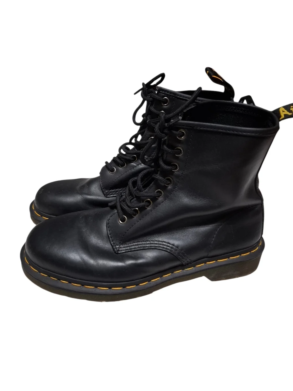 Dr. Martens Black Leather 1460 Lace-Up Combat Boots with Yellow Stitching L/10